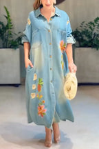 Women Collar Embroidery Washed Water Casual Loose Denim Maxi Dresses