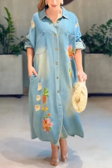 Women Collar Embroidery Washed Water Casual Loose Denim Maxi Dresses