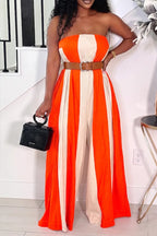 Women's Color Block Striped Tube Top Jumpsuit with Flowy Wide Leg Pants