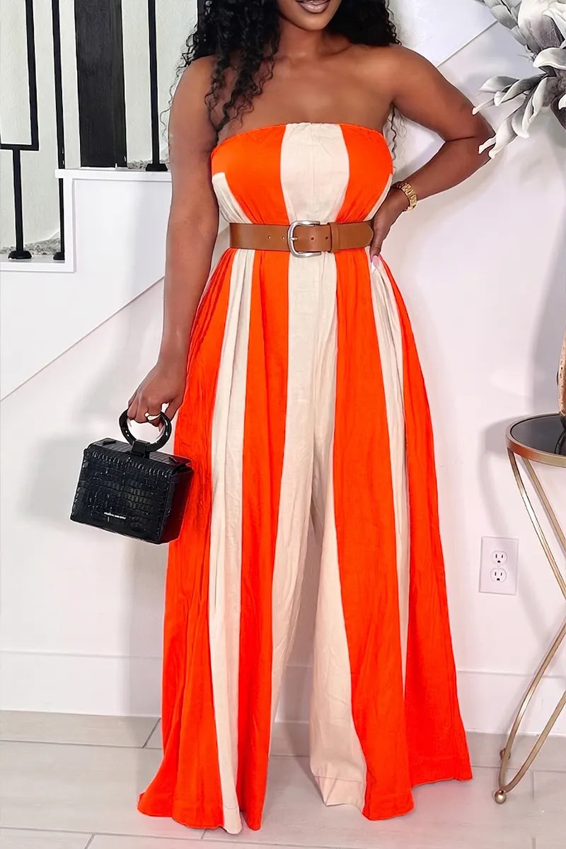 Women's Color Block Striped Tube Top Jumpsuit with Flowy Wide Leg Pants