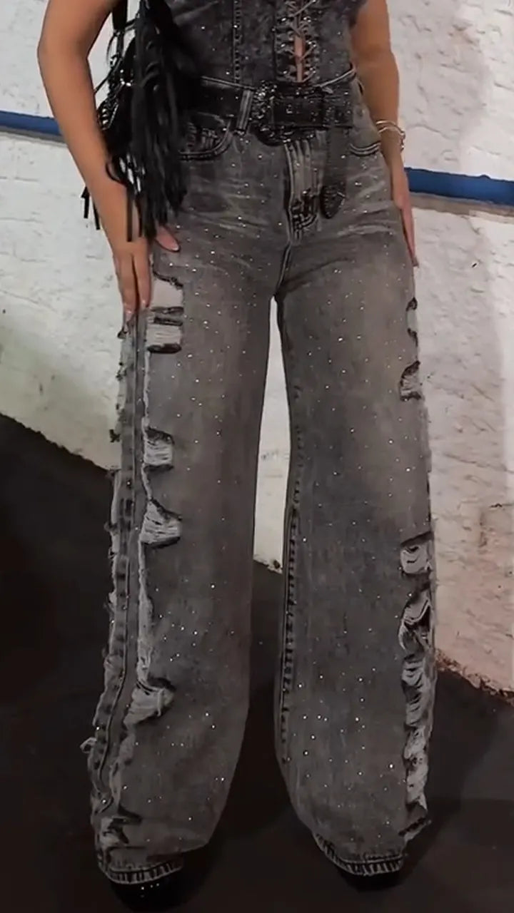 Women Round Neck Hollow Top + Pants Sexy Temperament Casual Denim Suit