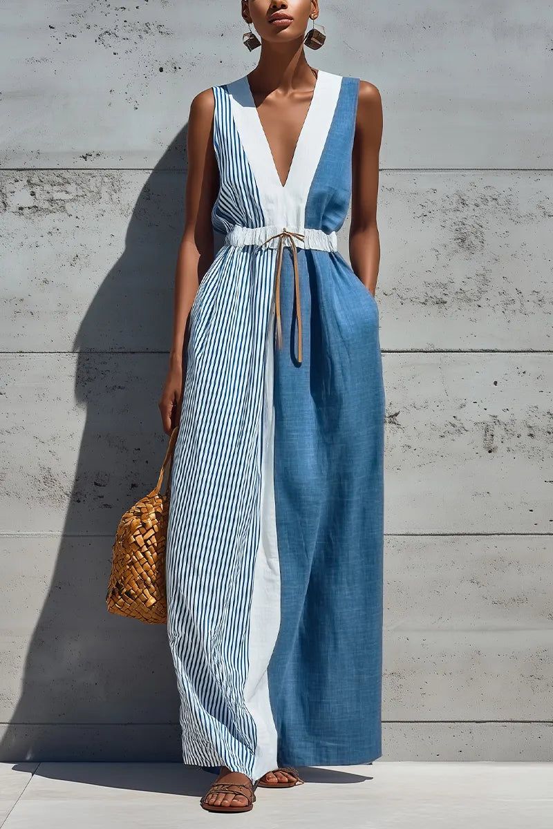 Women's Casual Color Block Stripe Solid Sleeveless Deep V Drawstring Waist Linen Maxi Dress