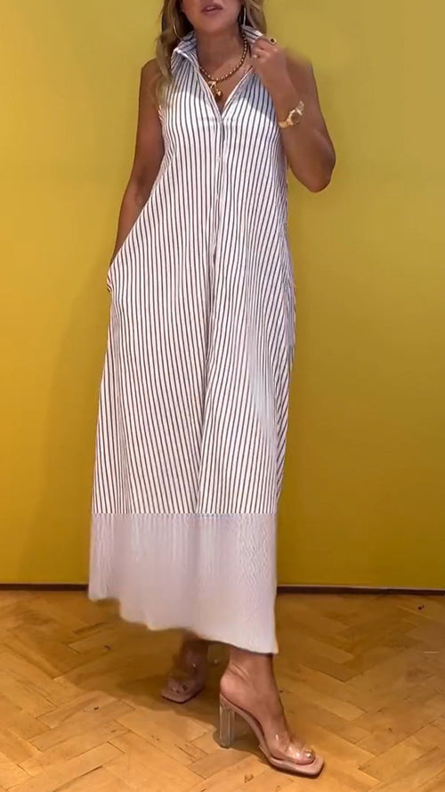 Ladies Collar Vertical Stripe Casual Dress