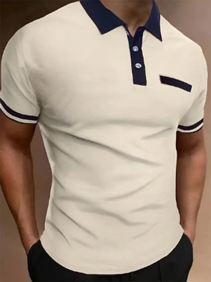 Color-Block Print Lapel Button Pocket Pullover Casual Polo Shirt