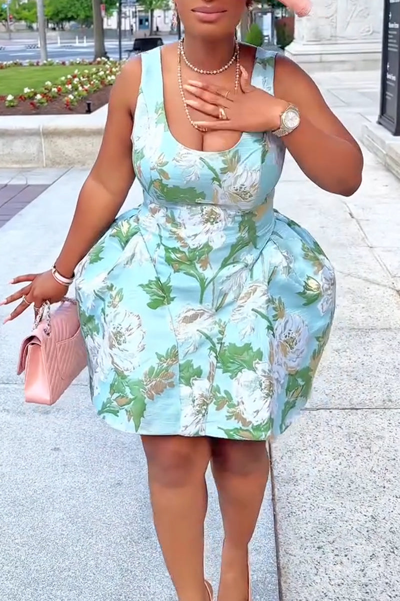 Women U-neck with Waistband Print Vacation Casual Style Mini Dresses