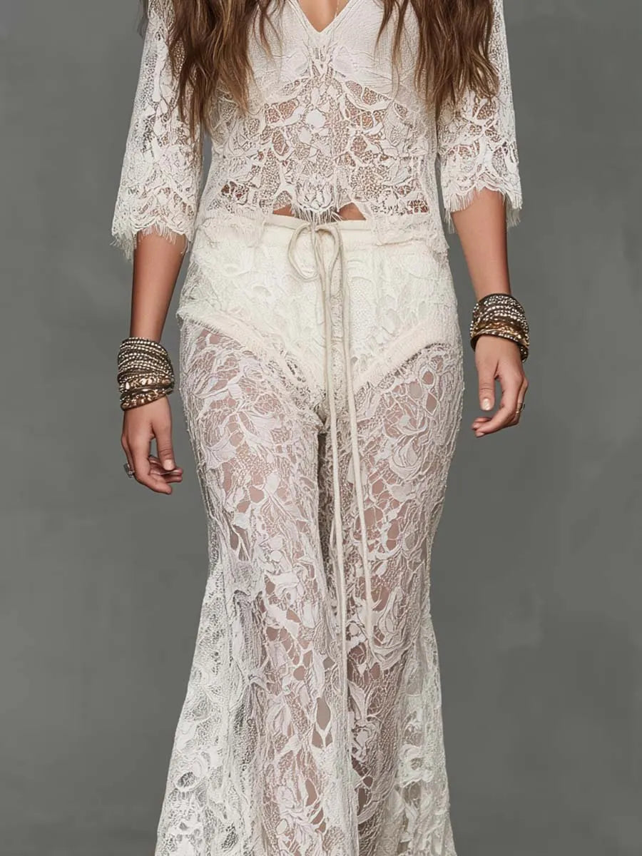 Boho Sheer Floral Lace V-Neck Top & Drawstring Flare Pants Two-Piece Set
