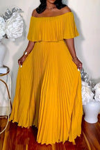 Women's Flowy Pleated Off-Shoulder Jumpsuit with Ruffle Overlay