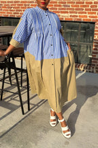 Women's Casual Color Block Striped Button Down Maxi Dress