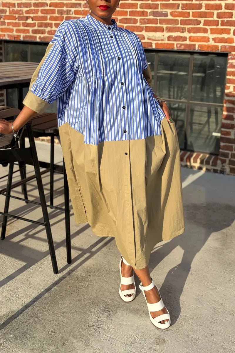 Women's Casual Color Block Striped Button Down Maxi Dress