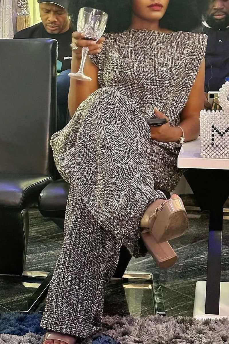 Women's Elegant Classic Tweed Sleeveless Square Neck High Waist Jumpsuit
