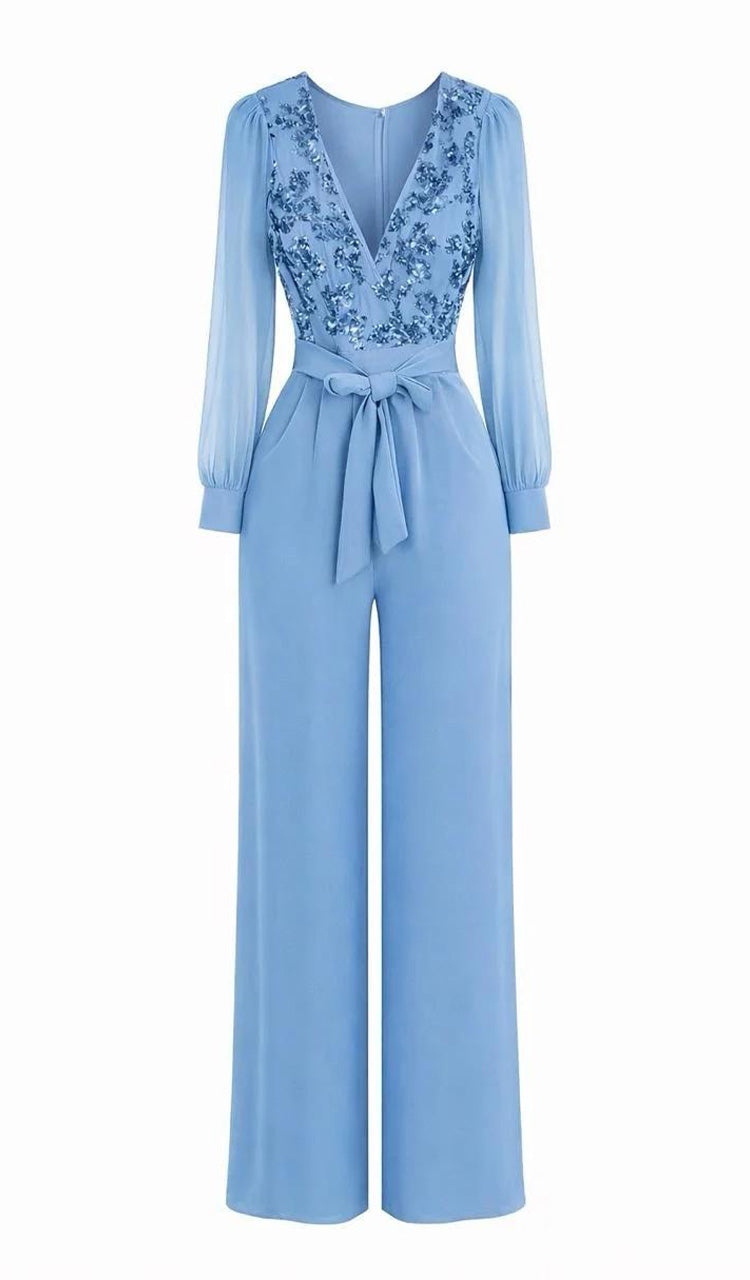 Women V-neck Sequin Patterned Casual Jumpsuit with Temperament