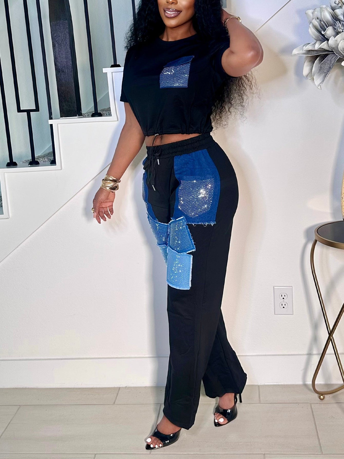 Women's Casual Black Crop Top or  Pants Set with Denim Rhinestone Patches