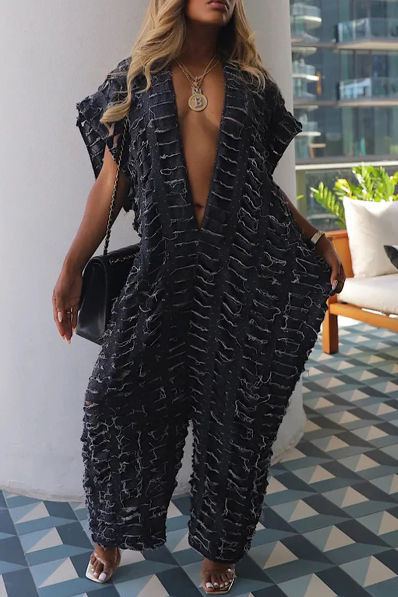 Women Casual Hollowed Out Denim Jumpsuit