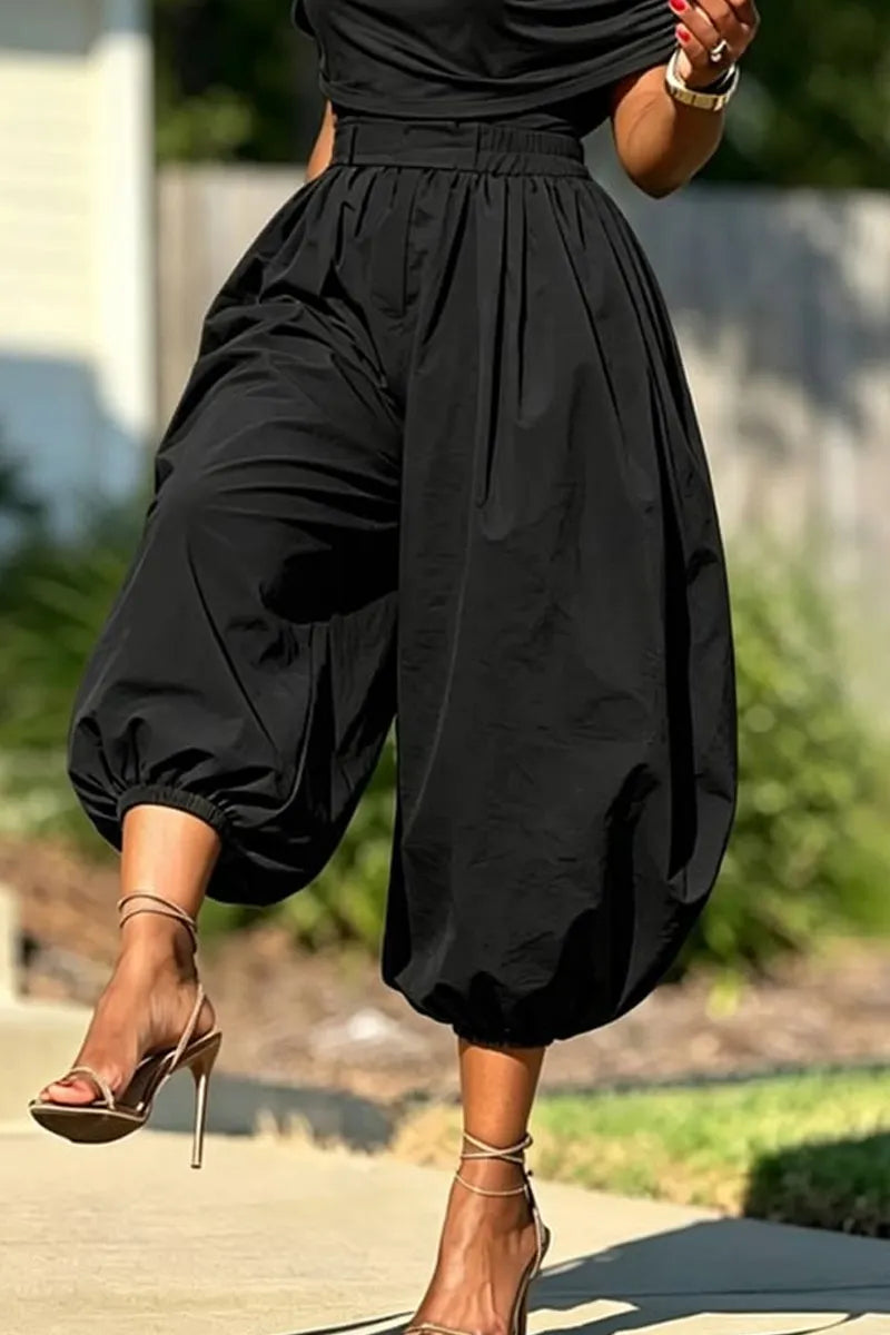 Women's Crew Neck One Side Ruched Draped Cap Sleeve Slim Crop Top Or High Waist Elastic Smocked Waist Baggy Balloon Capri Pants