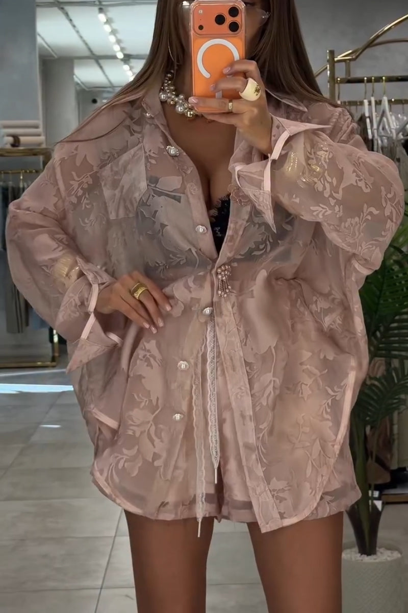 Women Collar See Through Printed Shirt + Shorts Casual Set