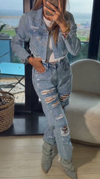 Women Collar Jacket+ Ripped Pants with Rhinestones Casual Denim Suit