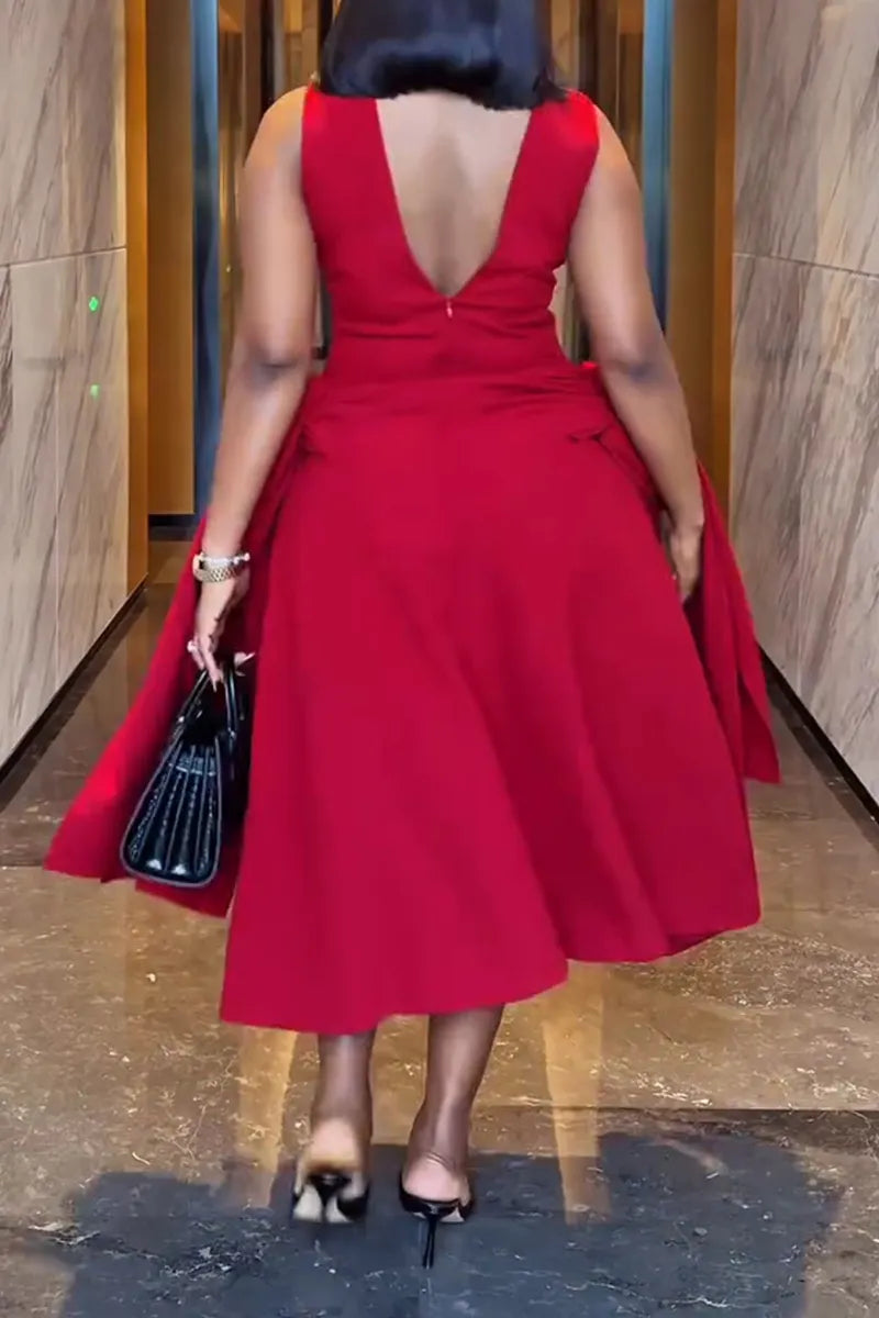 Women's Elegant Side-Tie Cutout-Neckline Midi Dress
