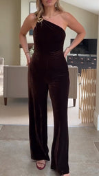 Women One Shoulder Velvet Temperament Casual Jumpsuit