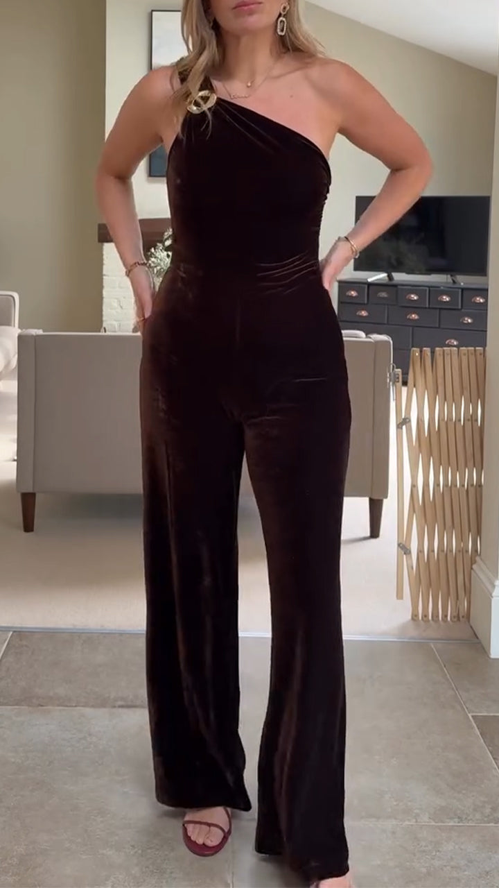 Women One Shoulder Velvet Temperament Casual Jumpsuit