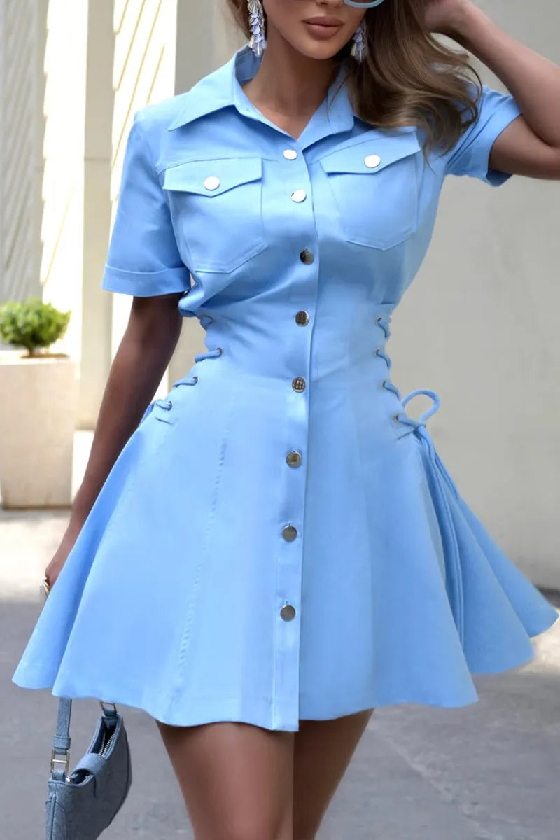 Women Collar Waist Buckle Elegant Temperament Mini Dresses