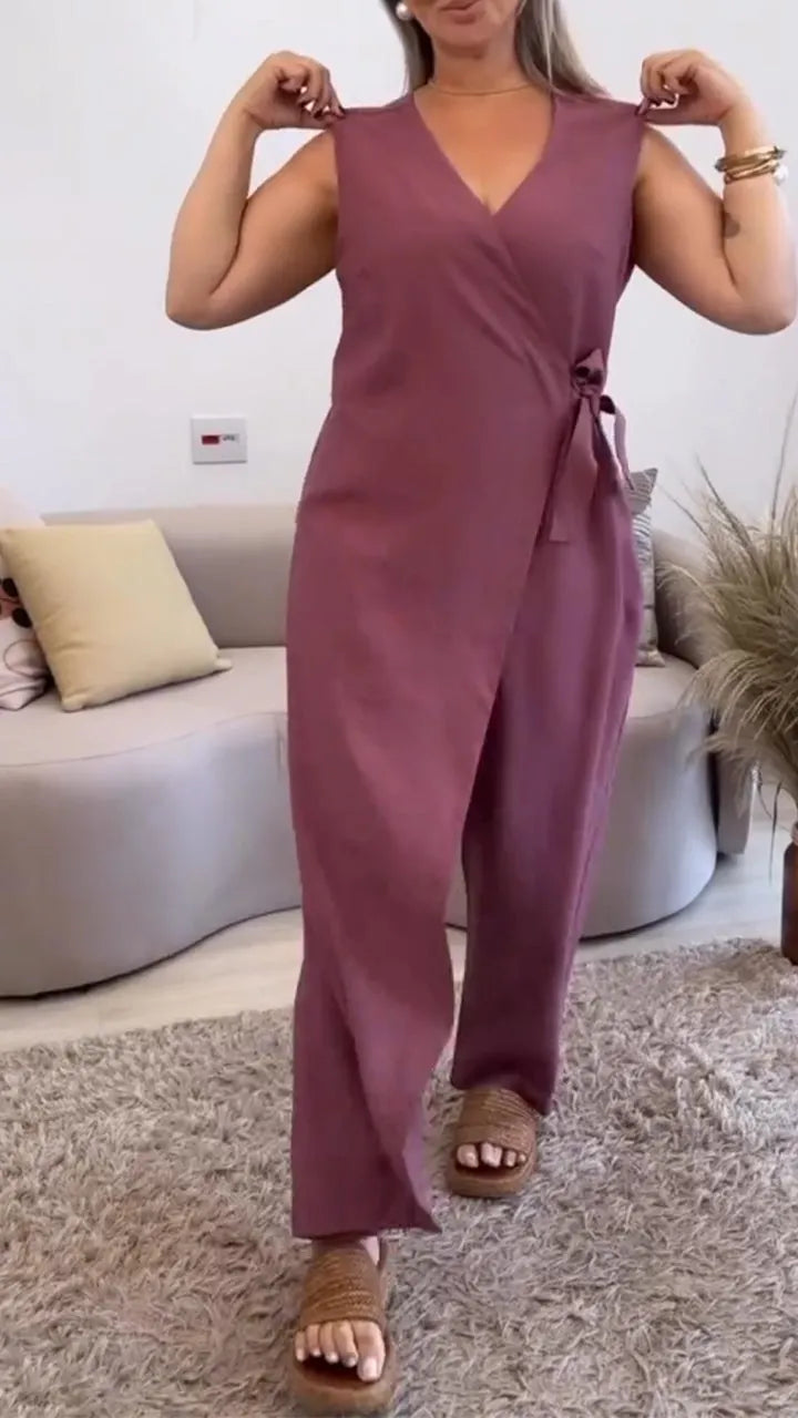 Women's Casual V-neck Cross Strap Jumpsuit