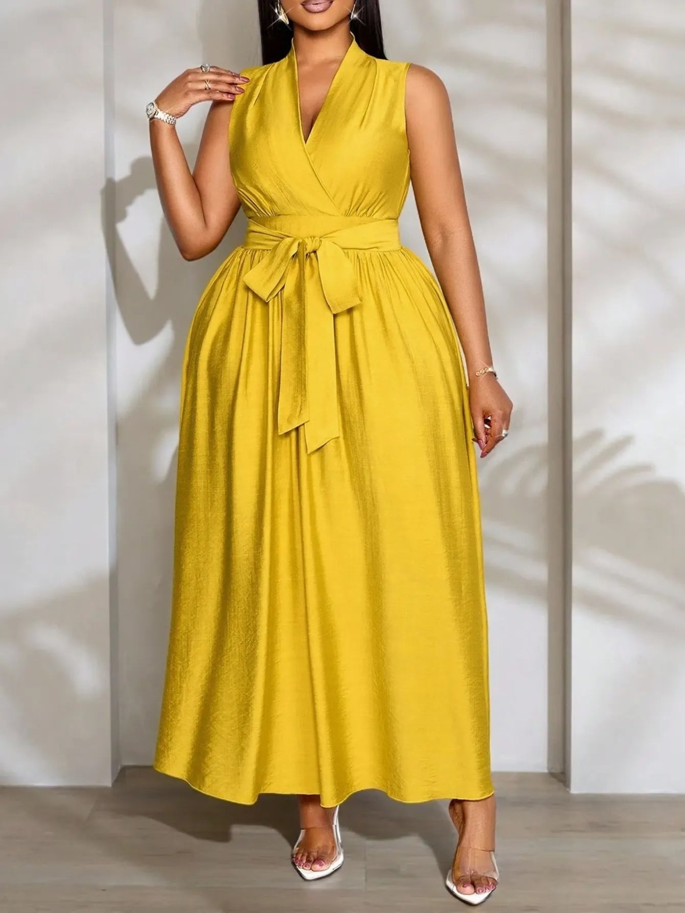 Women's Mustard Yellow Satin V-Neck Waist Tie Maxi Dress