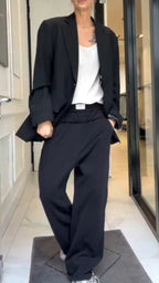 Women Lapel Jacket + Pants Solid Color Temperament Commuter Set