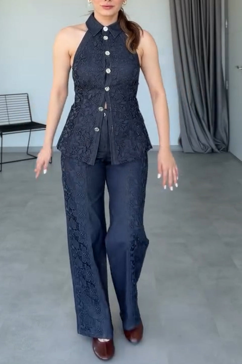 Women's Elegant Lace Panel Denim Vest & Jeans