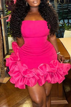 Women's Barbie Style Strapless Pink Party Dress with Statement Ruffle Trim