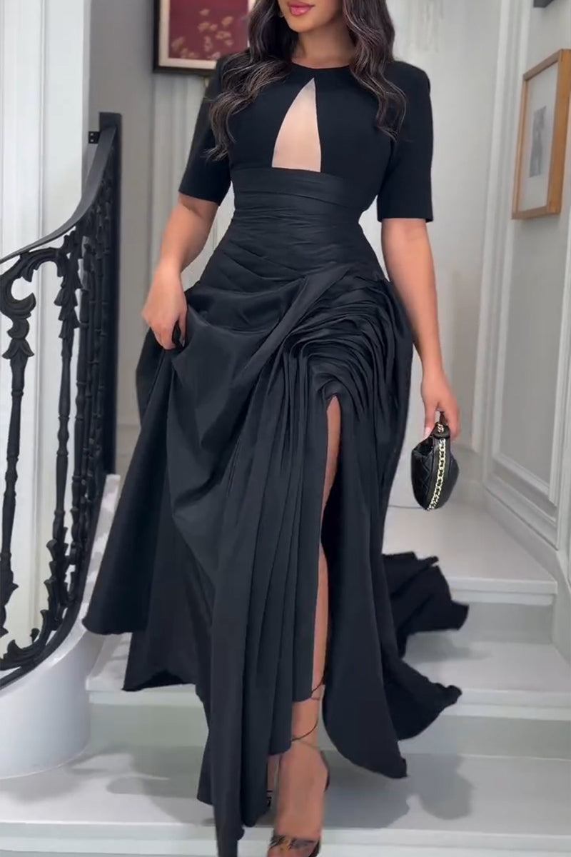 Women's Elegant Pleated Slit Hem Maxi Dress