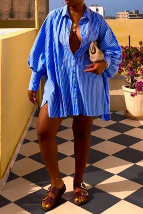 Ladies' Casual Loose Bat Sleeve Striped Shirt Dress