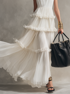 Romantic White U-Neck Pleated Tiered Maxi Dress