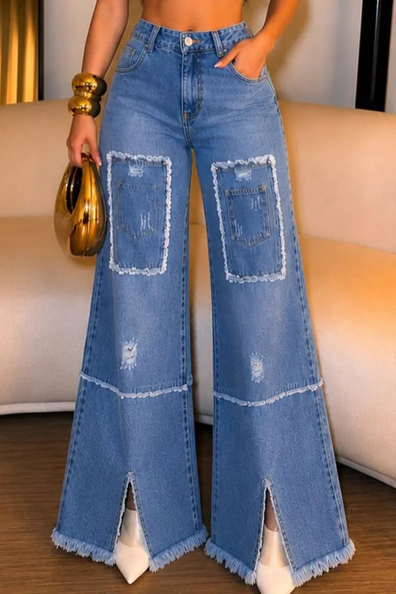 Women's ight Wash Denim Halter Crop Top with Frayed Edges Or High Waist Patch Pocket Wide Leg Jean
