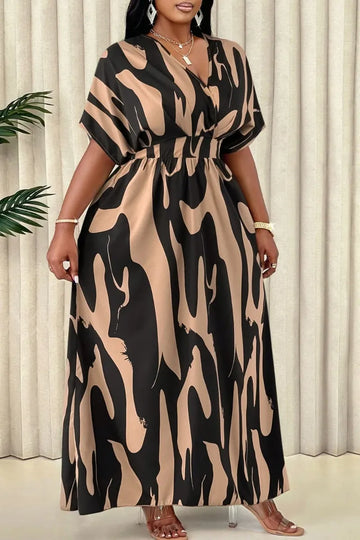 Women's Abstract Print V-Neck Batwing Sleeve Waisted Maxi Dress