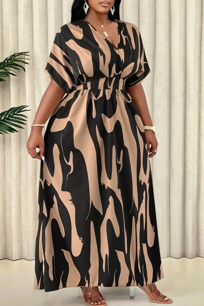 Women's Abstract Print V-Neck Batwing Sleeve Waisted Maxi Dress