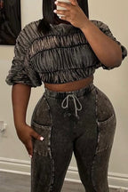 Women's Acid Wash Ruched Short Sleeve Crop Top or Drawstring Flare Pants