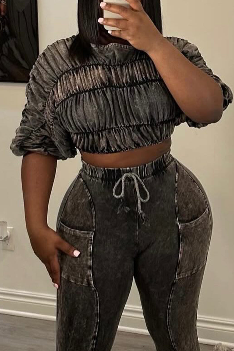 Women's Acid Wash Ruched Short Sleeve Crop Top or Drawstring Flare Pants