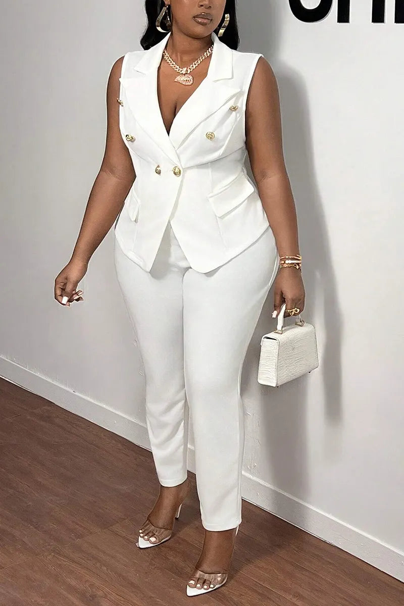 Women's Lapel Double Breasted Sleeveless Fitted Waist White Blazer Vest  Or High Waist Slim Fit Stretch Ankle Length White Dress Pants