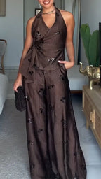 Womens Neck Hanging Sequin Patchwork Top + Wide Leg Pants Casual Set with Temperament