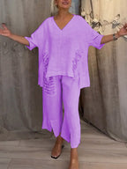 Women's V-neck Sequined Cotton and Linen Two-piece Suit
