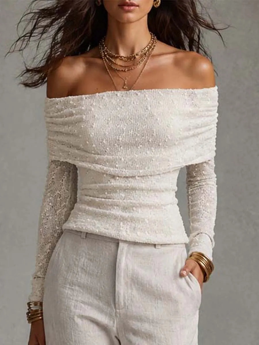 Off Shoulder Knit Texture Long Sleeve Top & Linen Wide Leg Pants Two Piece Set