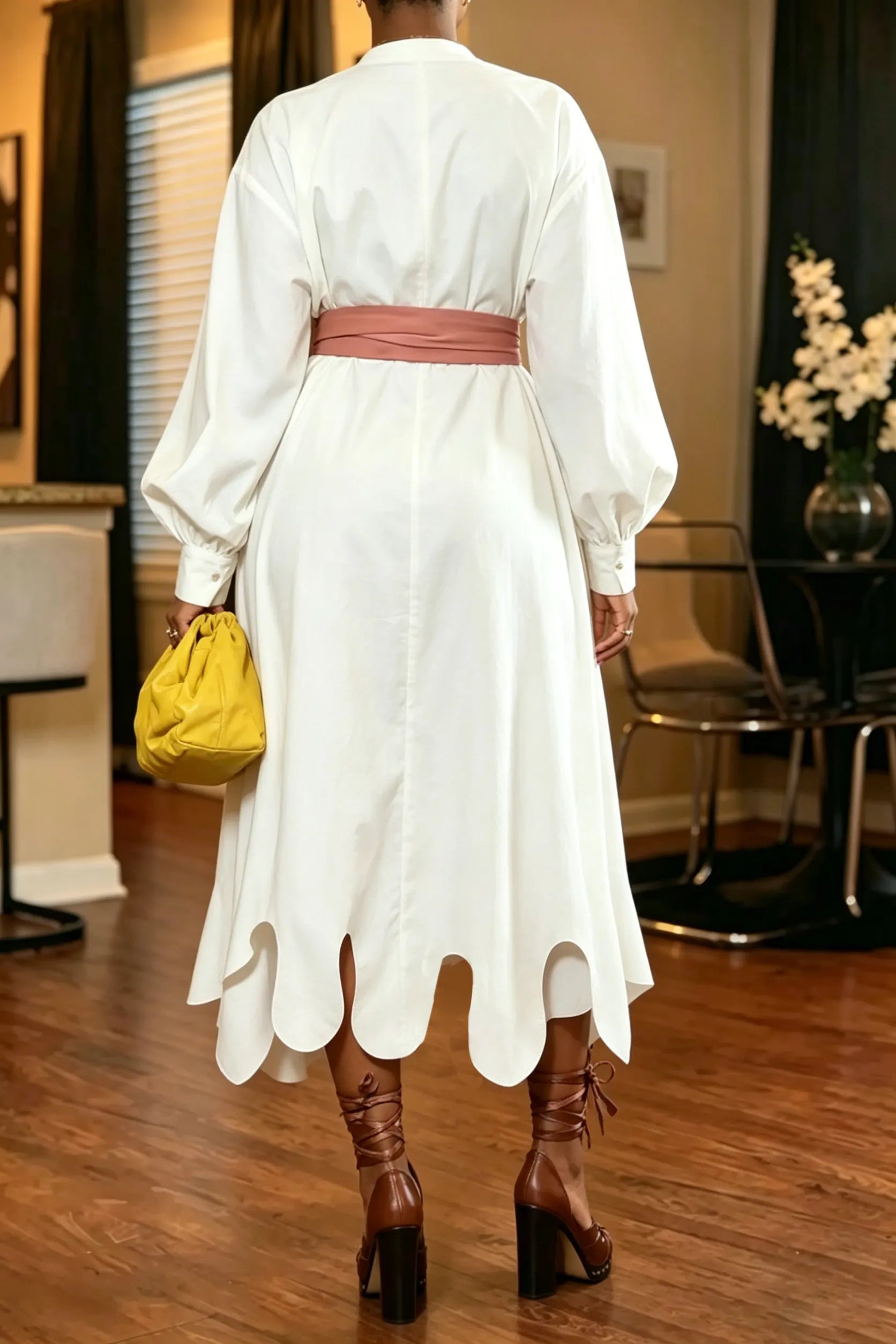 Women's Fashion Puff Sleeve Asymmetric Hem Midi Dresses with Belt