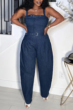 Women's High Waist Denim Jumpsuit with Belted Waist, Square Neck & Wide Leg Pants