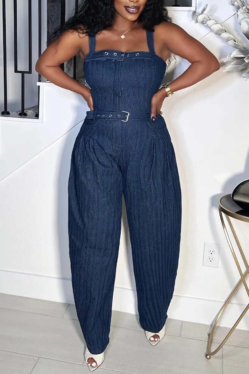 Women's High Waist Denim Jumpsuit with Belted Waist, Square Neck & Wide Leg Pants