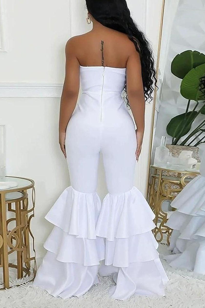 Women's White Strapless Bow Front Tiered Ruffle Flare Leg Jumpsuit