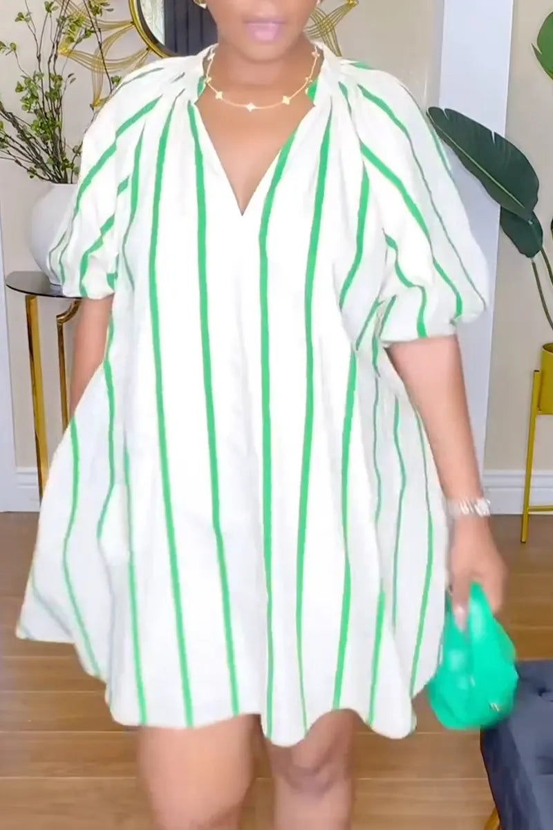 Women's Casual Puff Sleeve Stripe Loose Dress