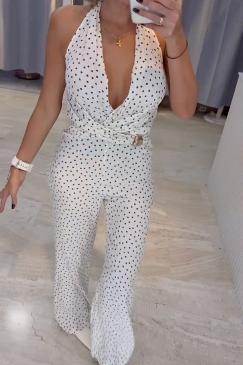 Women's Casual Polka Dot V-Neck Halter Jumpsuit