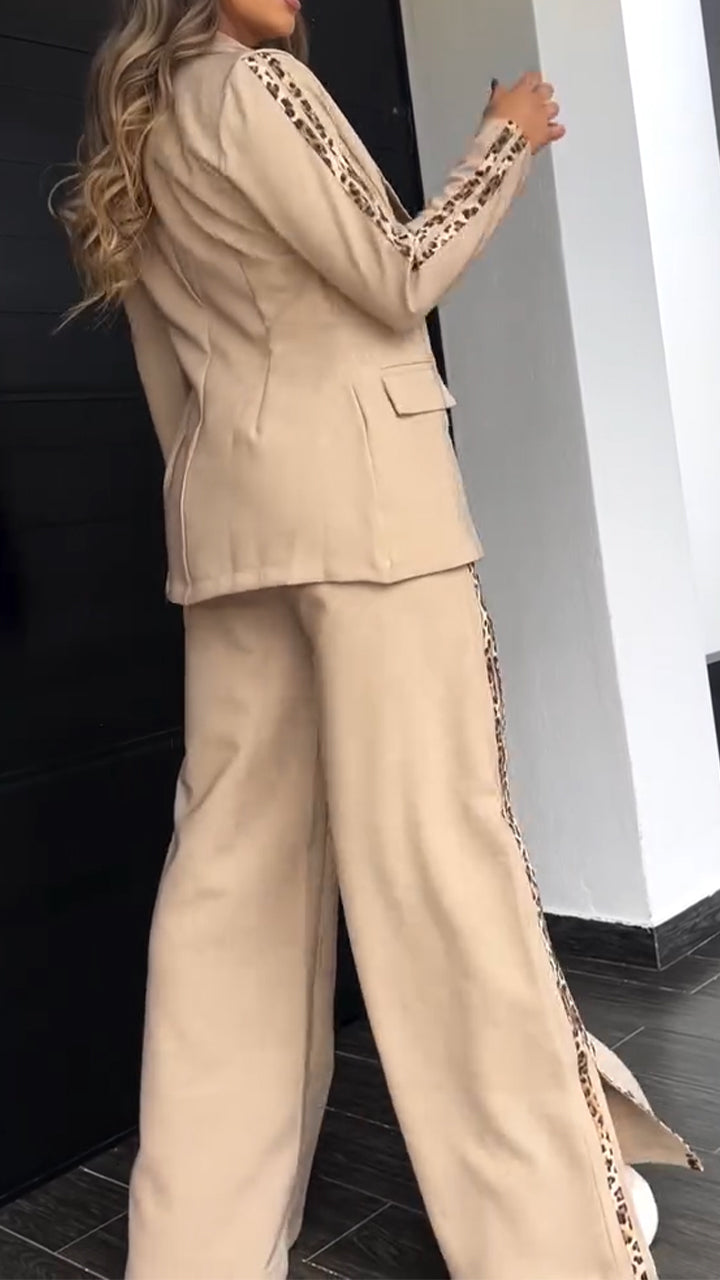 Women Lapel Side Vertical Stripe Print Jacket + Pants Temperament Commuter Suit