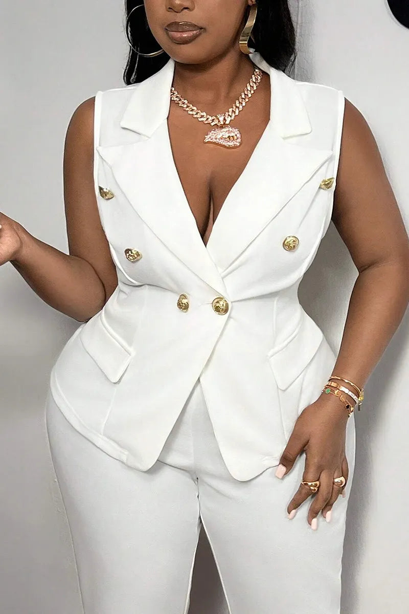 Women's Lapel Double Breasted Sleeveless Fitted Waist White Blazer Vest  Or High Waist Slim Fit Stretch Ankle Length White Dress Pants