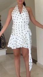 Women Neck Hanging Sleeveless Back Hollowed Out Polka Dot Print Elegant Casual Dress